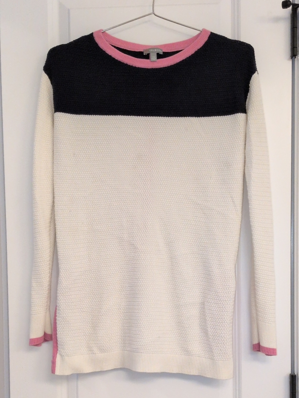 Talbots XS Cream Crewneck Sweater with Navy Yoke and Pink Trim